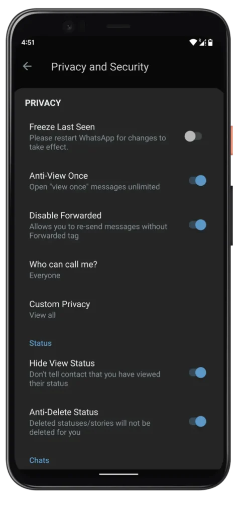 Blue WhatsApp Plus Ausblenden von Optionen