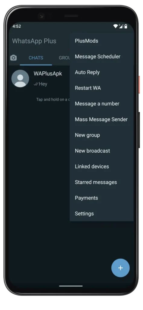 Blue WhatsApp Plus Startseite Einstellungen