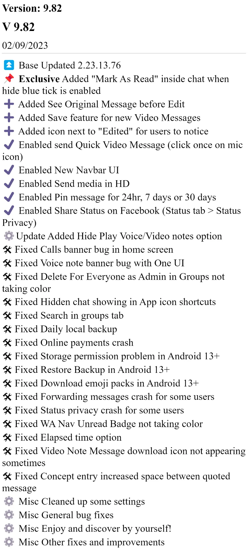 Blue WhatsApp Plus APK v9.82 Log perubahan